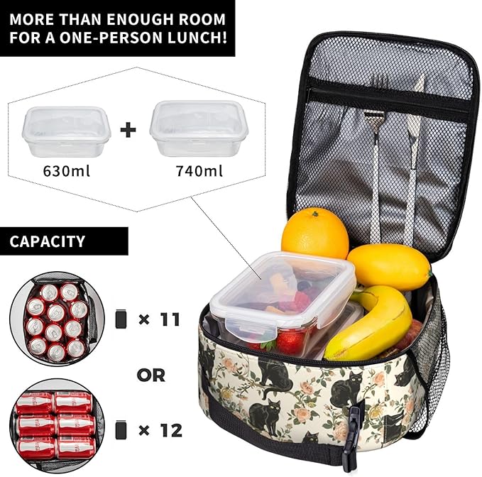 Black Cat and Rose Lunch Box for Women Men, Insulated Lunch Box, Reusable Lunch Bag for Office, Work, Picnic, Travel