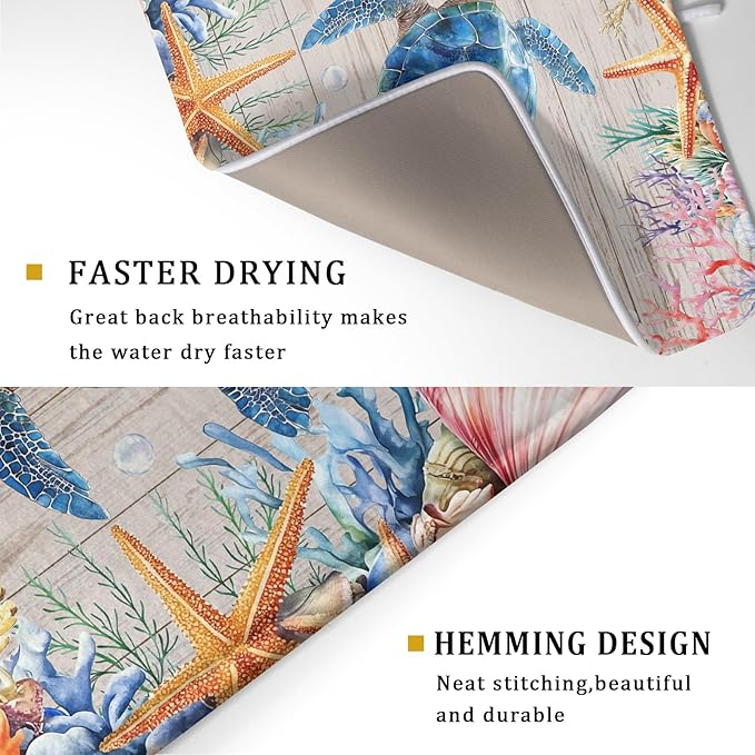 Sea Turtle Dish Drying Mat 18x24 inch Tropical Ocean Fast Dry Absorbent Microfiber Dishes Drainer Rack Pad for Countertop Bar Table Decor