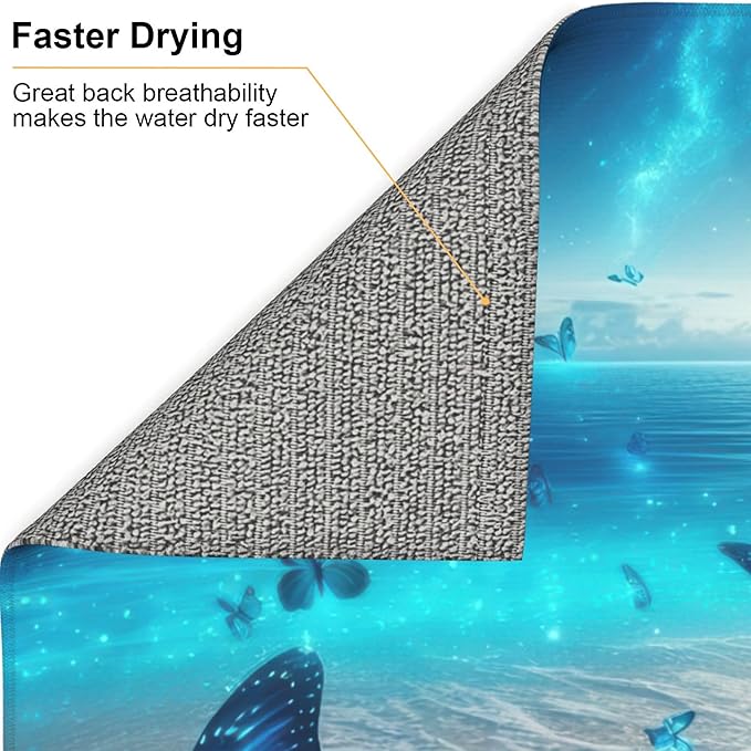 Blue Butterfly Beach Dish Drying Mat 16x18 Inch, Microfiber Absorbent Fast Dry Mat Large Dish Mat Drying Kitchen Mat, Kitchen Drying Pad for Kitchen Counter Coffee Bar Decor Gifts