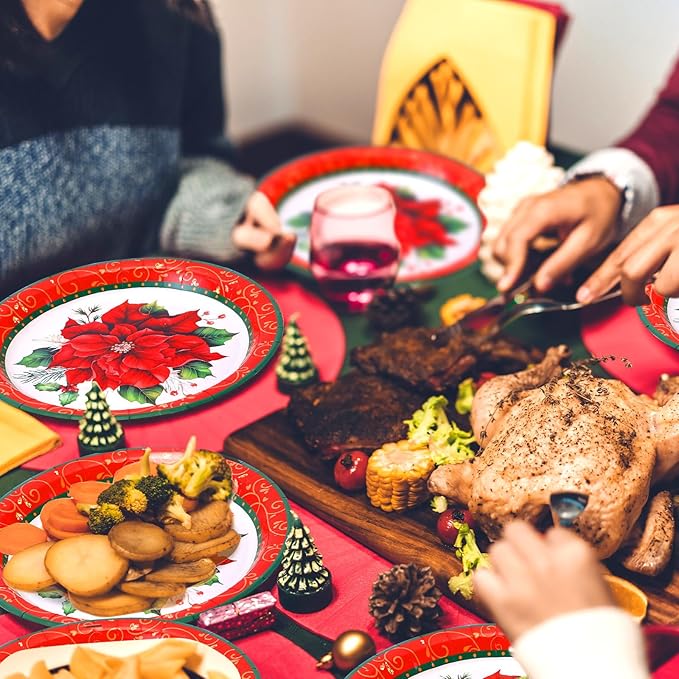 Zhehao 100 Pcs Christmas Paper Plates 9 Inch Disposable Plates Bulk Red and Green Poinsettia Christmas Party Decoration for Xmas Candy Dinner Plate Party Wedding Event Supplies