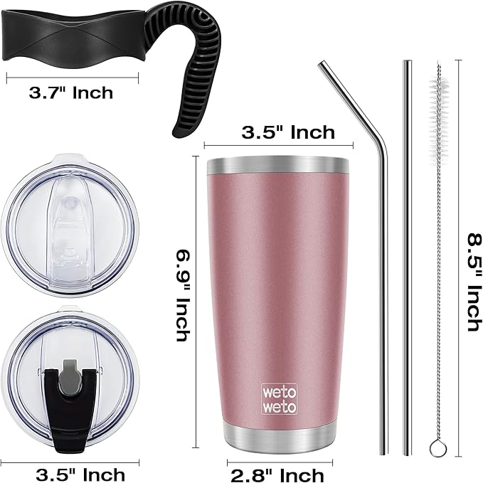 WETOWETO 20oz Insulated Stainless Steel Tumbler with Handle, Coffee Mug with 2 lids and 2 straws, Double Wall Vacuum Travel Coffee Mug, Powder Coated Tumbler Cup (Rose Gold,1)