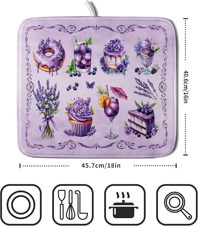 Purple Dish Drying Mats for Kitchen Counter Washable Drying Pad Absorbent Coffee Mat - Delicious Afternoon Tea