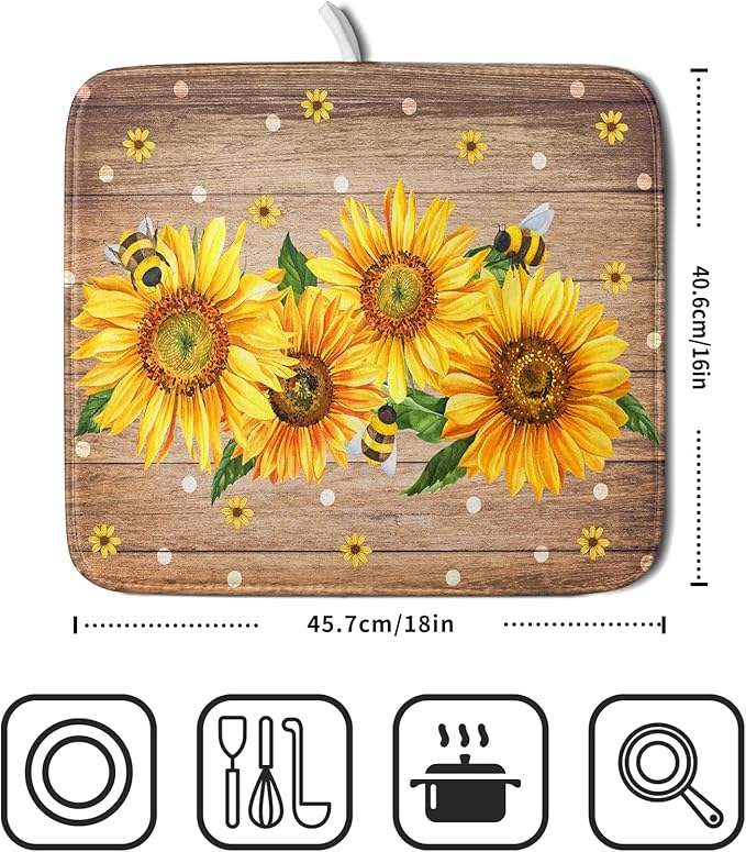 Sunflower Bee Dish Drying Mat for Kitchen Counter Home 16x18 Inch Wood Barn Microfiber Drainer Rack Mats Washable Absorbent Dish Dry Pad