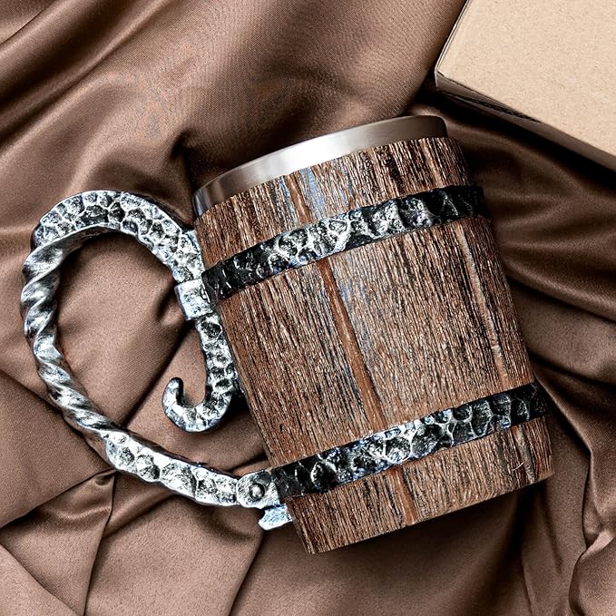 Vintage Wooden Beer Mug, Viking Barrel Design with Stainless Steel Interior Faux Oak Tankard Cup 17oz, Great Gift Idea for Men