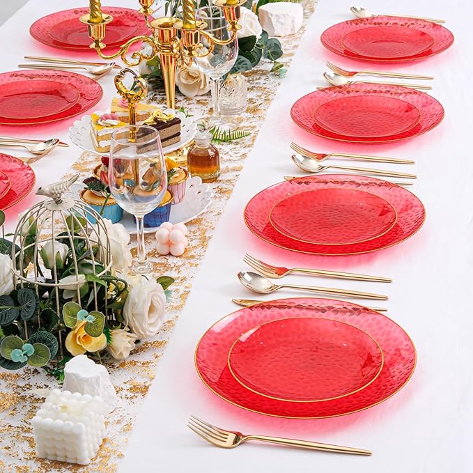 SUT 100Pcs Red Plastic Plates, Hammered Plates Disposable Heavy Duty, Red Disposable Plates With Gold Rim, Fancy Plastic plates Include 50 Dinner and 50 Dessert Plate for Wedding