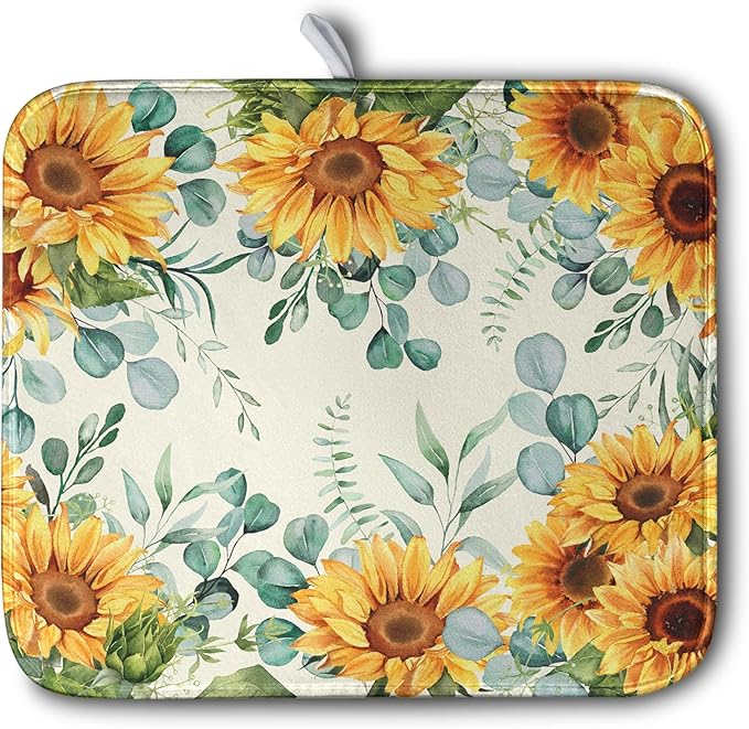 Sunflowers Dish Drying Mat for Kitchen Counter Yellow Flower Green Leaves Dish Draining Mats Spring Summer Floral Dishes Pad Microfiber Absorbent Dish Drainer Rack Mat 16x18 Inch