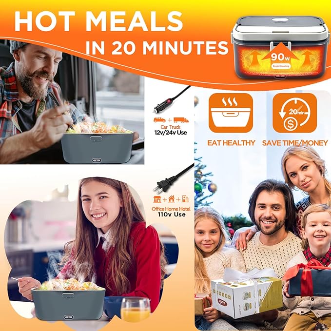 Aotto Electric Lunch Box 2L, 90W Fast Heating (12V/24V/110V) Heated Portable Food Warmer for Car/Truck/Office – Stainless Steel Container, Insulated Carry Bag – Ideal for Adults, Men, Women, Grey