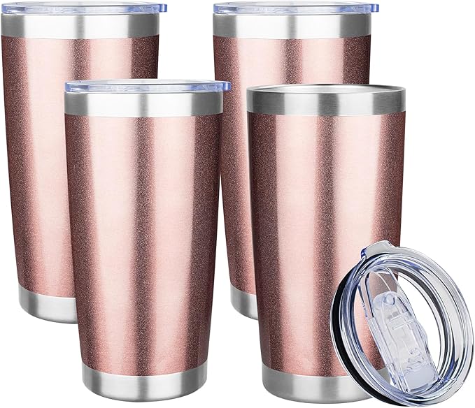 20oz Tumbler with Lid Stainless Steel Insulated Tumblers Travel Coffee Tumbler Bulk Double Wall Vacuum Insulated Water Cup Christmas Gifts for Women Men Her Him Home Office (Rose Gold, 4pack)