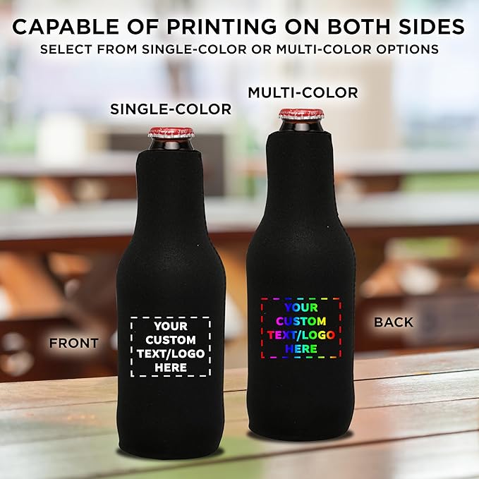 50 Neoprene Zippered Beer Bottle Coolies Pack - Customizable Text, Logo - Sharkskin Rubber Bottom - Black
