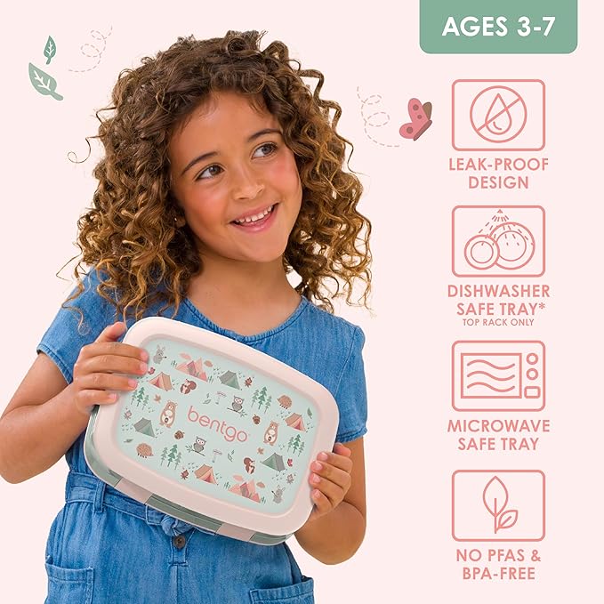 Bentgo Kids Prints Leak-Proof, 5-Compartment Bento-Style Kids Lunch Box - Ideal Portion Sizes for Ages 3-7, Durable, Drop-Proof, Dishwasher Safe, & PFAS & BPA-Free Materials (Nature Adventure)