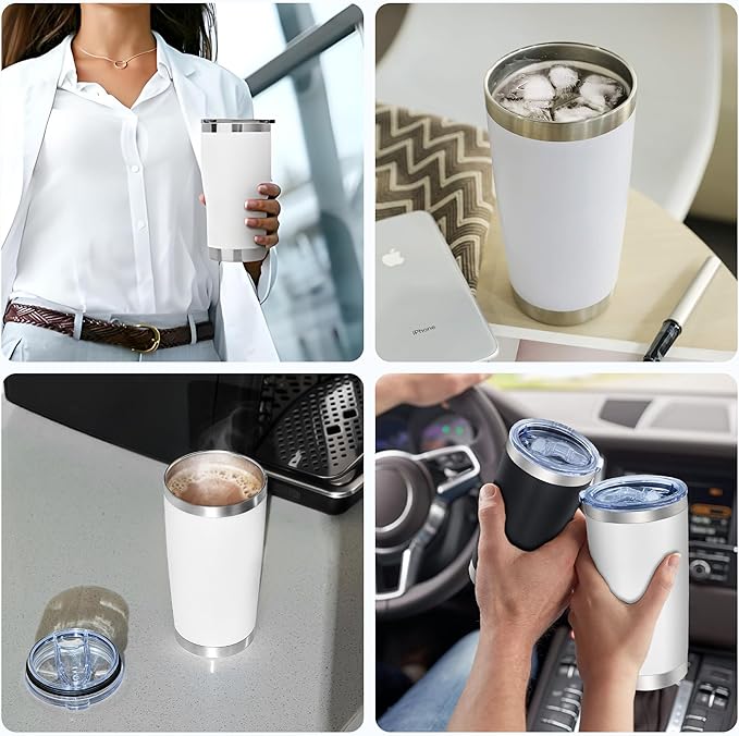 OMTech 20oz Tumblers Bulk, 6pc Stainless Steel Tumbler Set with Lid & Straw, Double Wall Vacuum Insulated Mug for Laser Engraver, Travel Coffee Mug for Hot & Cold Drinks, White Powder Coated Cup