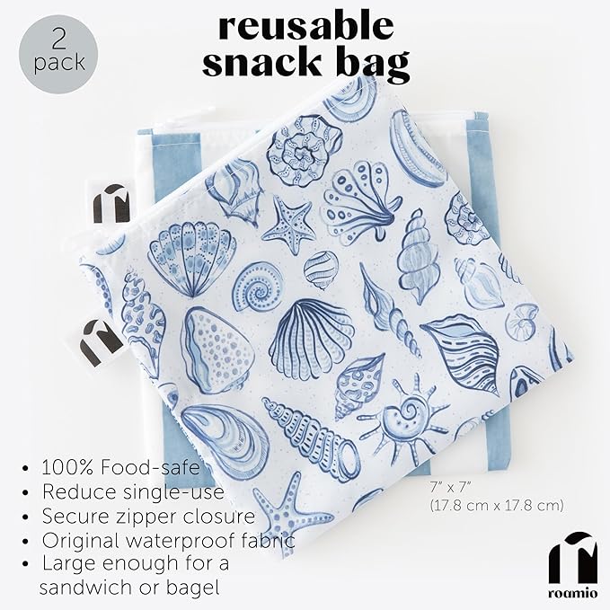 Roamio Reusable Sandwich and Snack Bags, for Kids School Lunch and for Adults Portion, Washable Fabric, Waterproof Cloth Zip Bag, Travel Pouch, Food-Safe, Large 2-pk Nautical Stripe and Blue Shells