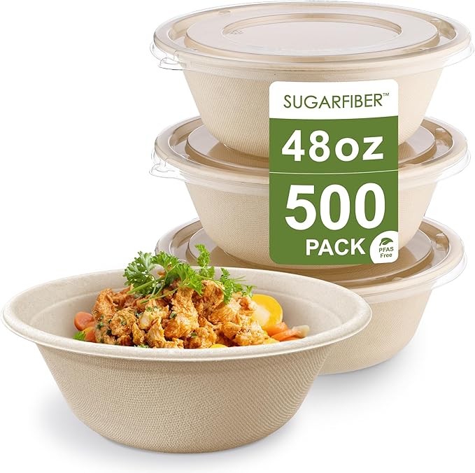 [500 COUNT]Harvest Pack PFAS FREE 48oz Round Compostable Paper Bowls with Flat Lids - Heavy-Duty Eco-Friendly Disposable Bagasse Large Soup Bowls Sugarcane made plant fibers for Meal Prep