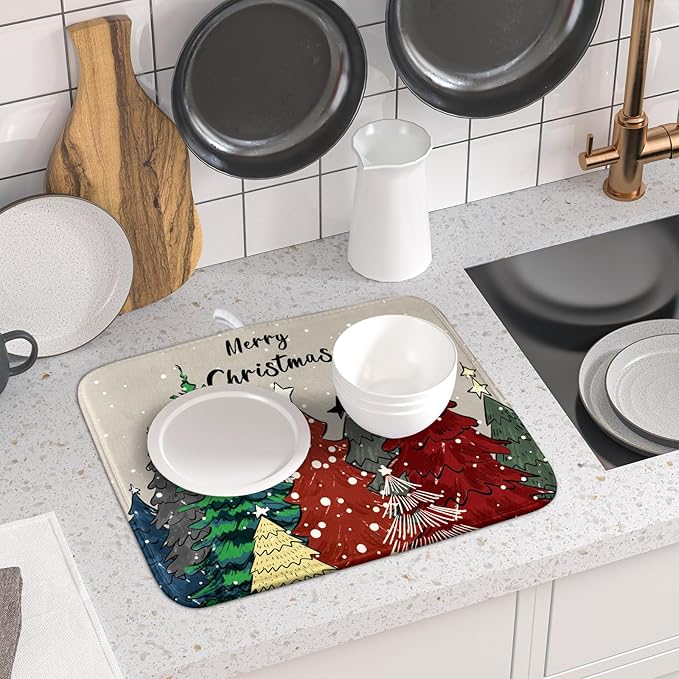 Christmas Trees Dish Drying Mat Winter Holiday Kitchen Dishes Pad 16x18 Inch Absorbent Reversible Fast Dry Draining Rack Pad for Countertop