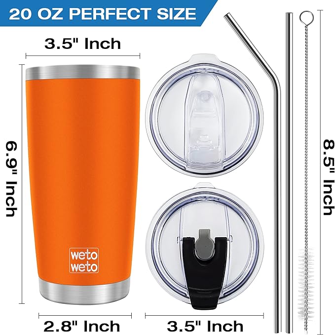 WETOWETO 20oz Insulated Stainless Steel Tumbler, Double Wall Vacuum Leak-proof Travel Coffee Mug, Powder Coated Water Cup (Orange, 1 Pack)