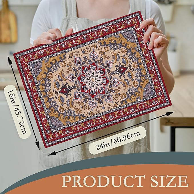 Boho Dish Drying Mat,Persian Original Tribal Drying Rack Pad Countertop Dishes Ultra Absorbent Microfiber Kitchen Counter Mat for Coffee Countertop Decor 18x24 Inch