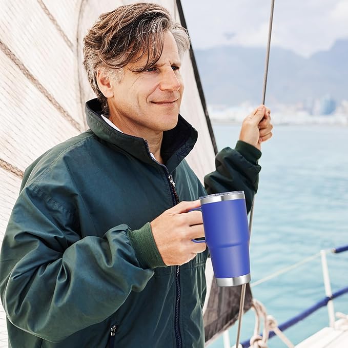 20 oz Stainless Steel Tumbler with Handle Bulk Metal Insulated Tumblers Travel Coffee Mug with Handle Double Wall Tumbler Cup with Lid and Straw, Blue 6 Pack