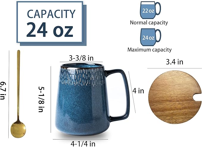 24 OZ Extra Large Ceramic Coffee Mug, with Spoon and Wooden Lid, Big Tea Cups with a Large Handle for Office and Home, Microwave and Dishwasher Safe (24 OZ Star Blue Set)