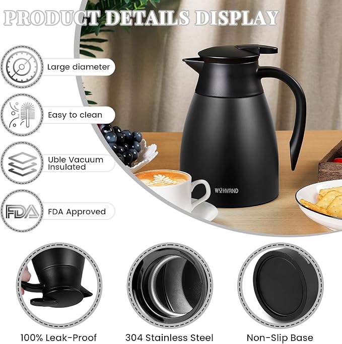 34 Oz Thermal Coffee Carafe, Stainless Steel Insulated Vacuum coffee crafts to keep coffee hot, 1 Liter Tea Water Coffee and Beverage Dispenser (Black)