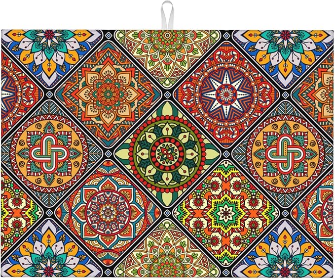 Retro Dish Drying Mat for Kitchen Counter Mandala Colorful Dish Drainer Rack Mats Boho Decor Washable Absorbent Reversible Microfiber Drying Pad Kitchen Accessories 18"x24"