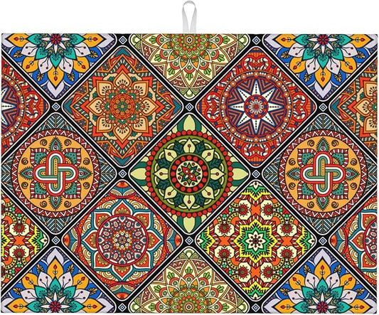 Retro Dish Drying Mat for Kitchen Counter Mandala Colorful Dish Drainer Rack Mats Boho Decor Washable Absorbent Reversible Microfiber Drying Pad Kitchen Accessories 18"x24"