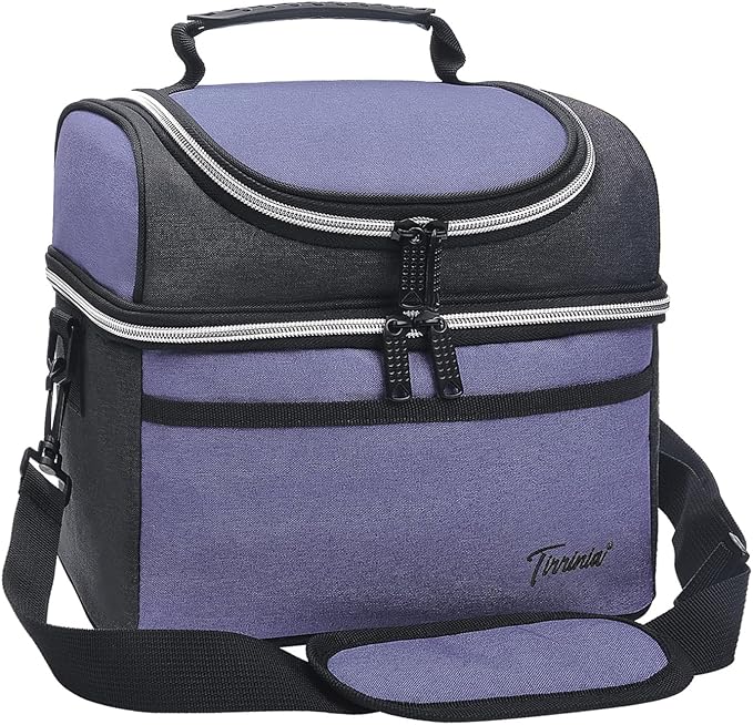 Tirrinia Reusable Lunch Box for Men Women, Insulated Lunch Bag Adult Work, Double Decker Leakproof Lunchbox for Office Picnic Beach—Dual Compartment Lunch Cooler Bag,Purple