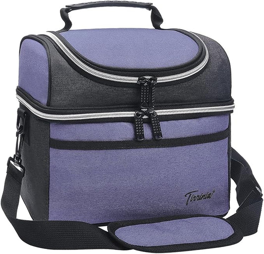 Tirrinia Reusable Lunch Box for Men Women, Insulated Lunch Bag Adult Work, Double Decker Leakproof Lunchbox for Office Picnic Beach—Dual Compartment Lunch Cooler Bag,Purple
