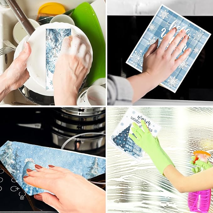 Winter Swedish Dishcloths for Kitchen - 6PCS Let It Snow Swedish Cloths for Washing Dishes, Snowman Blue Winter Reusable Dish Towels, Holiday Seasonal Washable Cleaning Sponge Gift