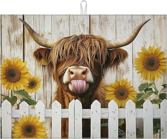 Sunflower Highland Cow Dish Drying Mat for Kitchen Counter Drying Pad Absorbent Reversible Dish Drainer Rack Mats Draining Pad 18"x24"Inch