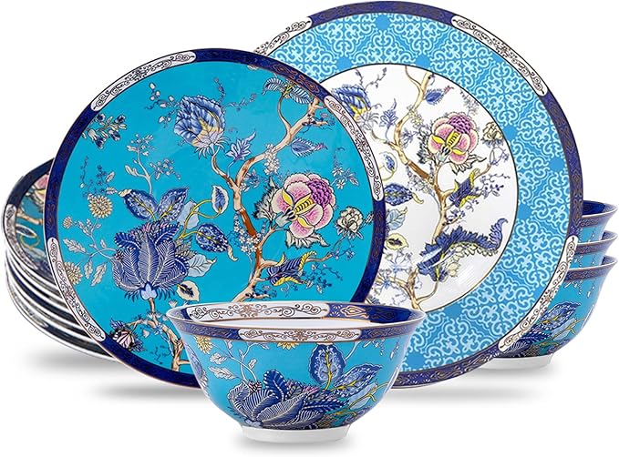 ACMLIFE Bone China Dinnerware Set for 4, 12-Piece Vintage Floral Dinnerware Set, Kitchen Plates and Bowls Set, Christmas Gifts for Women (Blue)