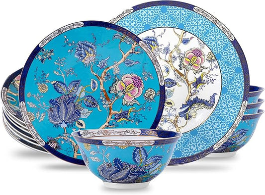 ACMLIFE Bone China Dinnerware Set for 4, 12-Piece Vintage Floral Dinnerware Set, Kitchen Plates and Bowls Set, Christmas Gifts for Women (Blue)