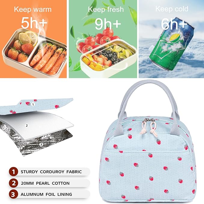 Bluboon Lunch Bag for Women Men Cute Corduroy Lunch Tote Bags Reusable Insulated Lunch Box Large Capacity Reusable Insulated Cooler for Work Picnic or Travel