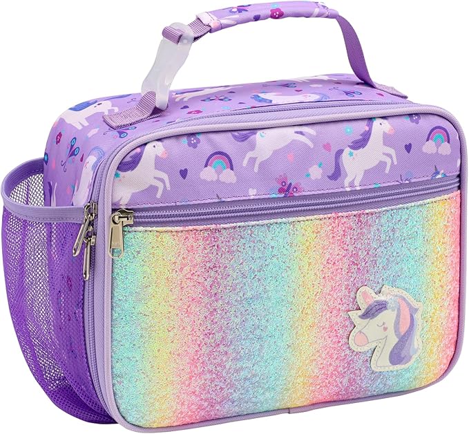 Bagseri Lunch Bag for Girls - Kids Lunch Box for Girls Reusable Leak-Proof and Insulated Kids Lunch Bag Toddler Lunch Box for Daycare and School, Glitter Purple Unicorn (Water Bottle Not Included)