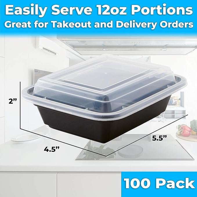 Pro-Grade BPA-Free Plastic Containers with Lids 100ct. 12oz Leakproof Microwavable Portion Container for To-Go Orders, Food Prep and Storage. Reusable Bento Boxes for Restaurant, Cafe and Catering.