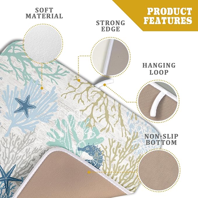Blue Coral Dish Drying Mat Coastal Starfish Dishes Pad Hanging Drainer Mats Reversible Absorbent Kitchen Counter Protector 16x18 Inch