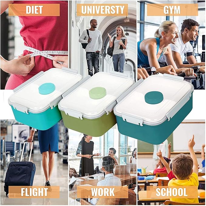 3 Pack Salad Lunch Box Food Storage Containers, 47oz Bento Box To Go Container with Lids, Meal Prep Containers with Removable Tray & Dressing Pots for Kids and Adults, Reusable and Microwave Safe