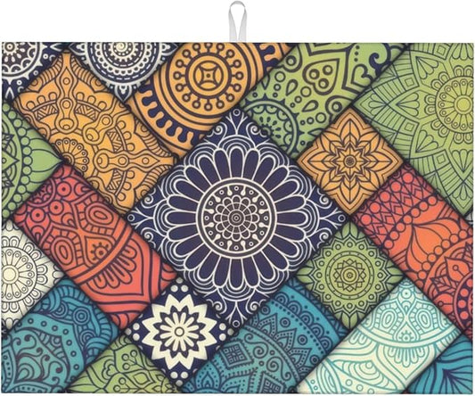 Retro Boho Dish Drying Mat 18x24 Inch, Microfiber Absorbent Fast Dry Mat Mandala Large Dish Mat Drying Kitchen Mat, Kitchen Drying Pad for Kitchen Counter Coffee Bar Decor Gifts