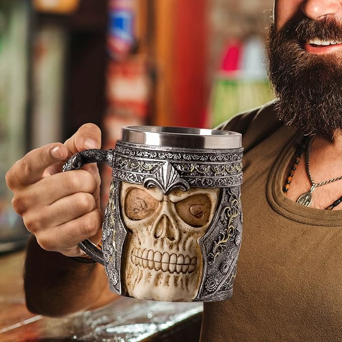 Skull Coffee Mug Stainless Steel Viking Gifts for Men Beer Mugs Novelty Christmas Gifts for Father, Husband Cool Coffee Mugs, 12.25 oz