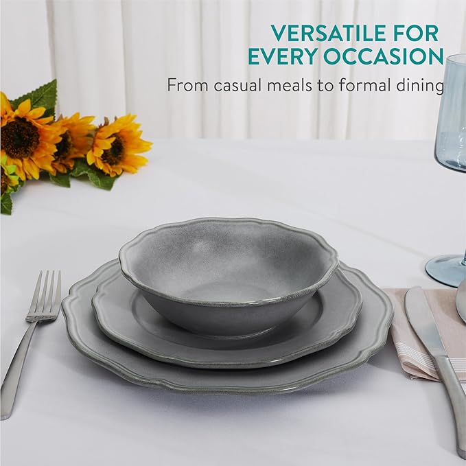 Navaris Scandi Style Porcelain Dinnerware Set - Ceramic Crockery Sets for 4 - Stackable Dishes with Dinner and Salad Plates Cereal Bowls - Dishwasher & Microwave Safe - 12pcs Grey