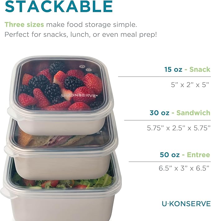 U Konserve Stainless Steel Nested Trio Food Storage Container Bento Box, Set of 3 (15, 30, & 50 oz), Leak Resistant, Silicone Lid, Dishwasher Safe, Plastic Free