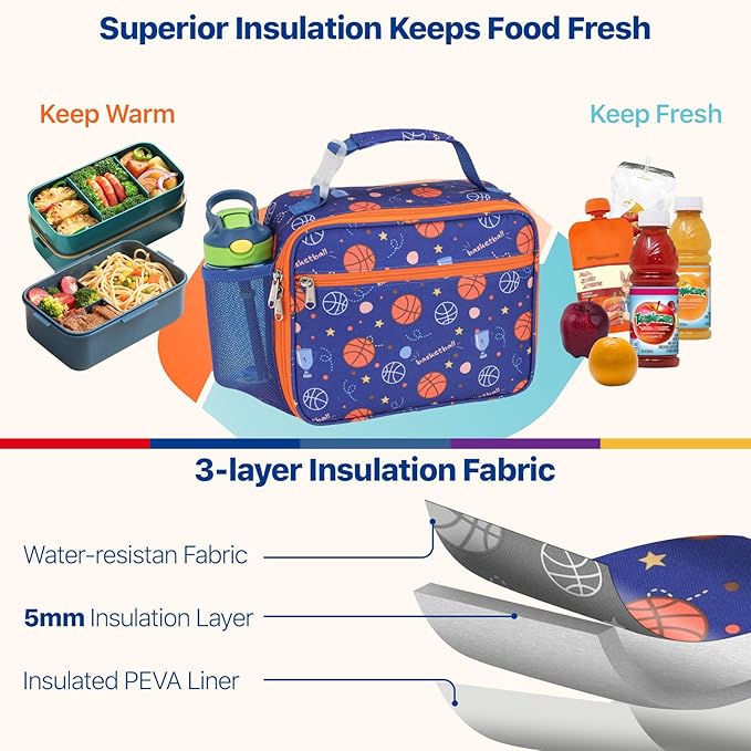 Bagseri Lunch Bag for Boys - Kids Lunch Bag Insulated Leak-Proof and Reusable Kids Lunch Box with Water Bottle Holder Toddler Lunchbox for Daycare and School, Blue Basketball