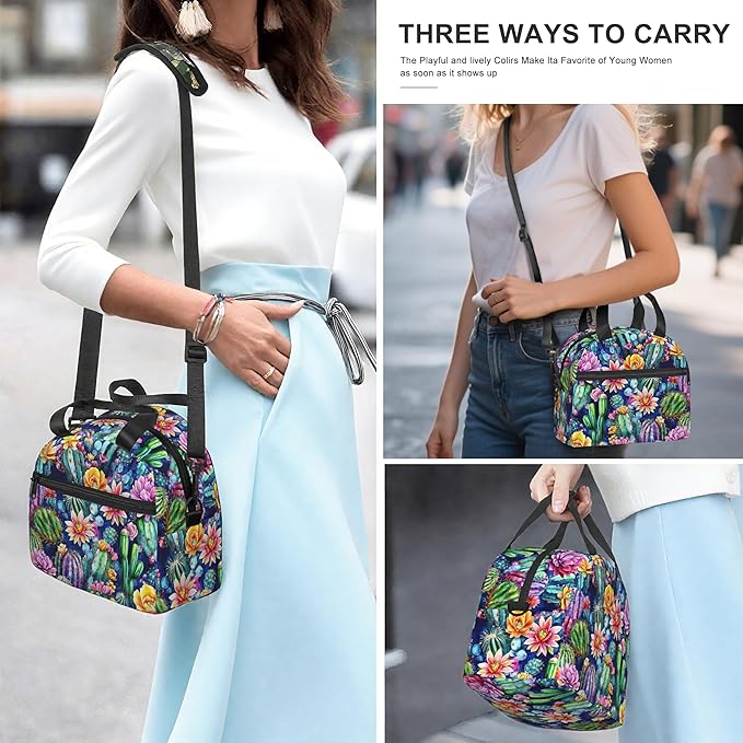 Cactus Reusable Insulated Lunch Box Waterproof Lunch Bag with Detachable and Adjustable Shoulder Strap for Office Picnic or Travel