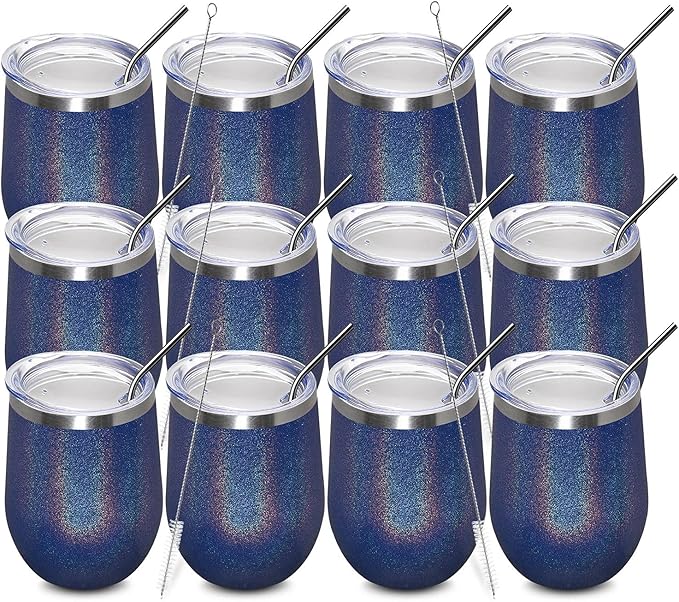MEWAY 12oz/12 Pack Wine Tumbler Glasses with Lid - Stemless Double Wall Vacuum Stainless Steel Glitter Tumbler - Keeping Cold & Hot Cup for Coffee,for Women(Rainbow Navy,Set of 12)
