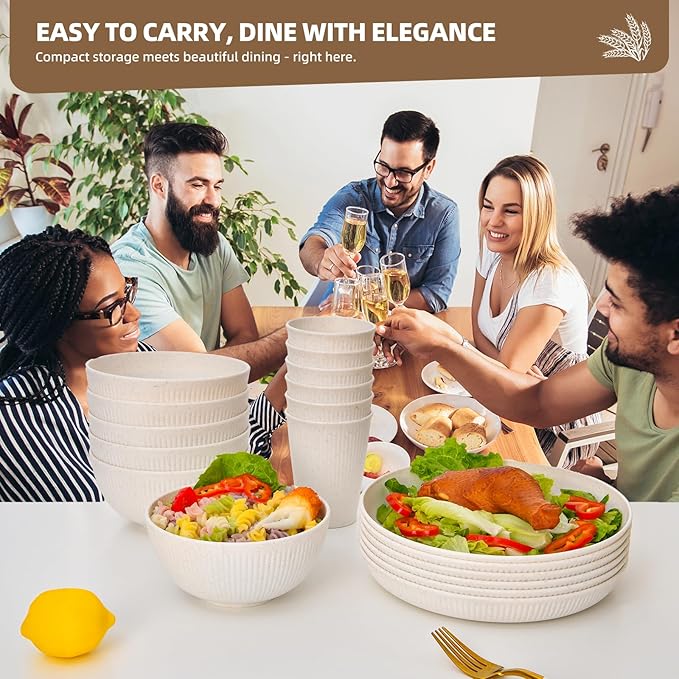 18 pcs Wheat Straw Dinnerware Sets for 6 - Lightweight & Unbreakable Cups Plates and Bowls Sets Microwave Dinnerware Set for Kitchen, Travel & Camping Beige