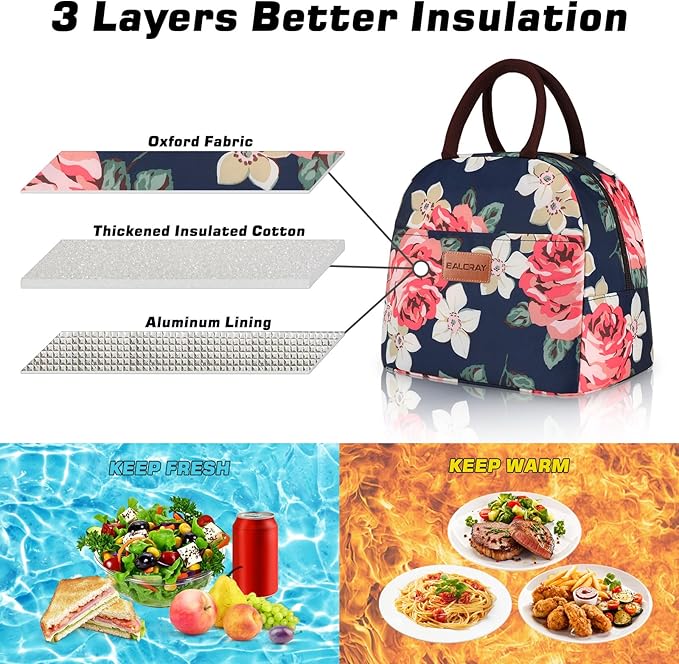 BALORAY Lunch Bag for Women Men Cute Reusable Insulated Lunch Box Large Capacity Lunch Tote Bag for Work, Picnic or Travel(Blue With Big Flower)