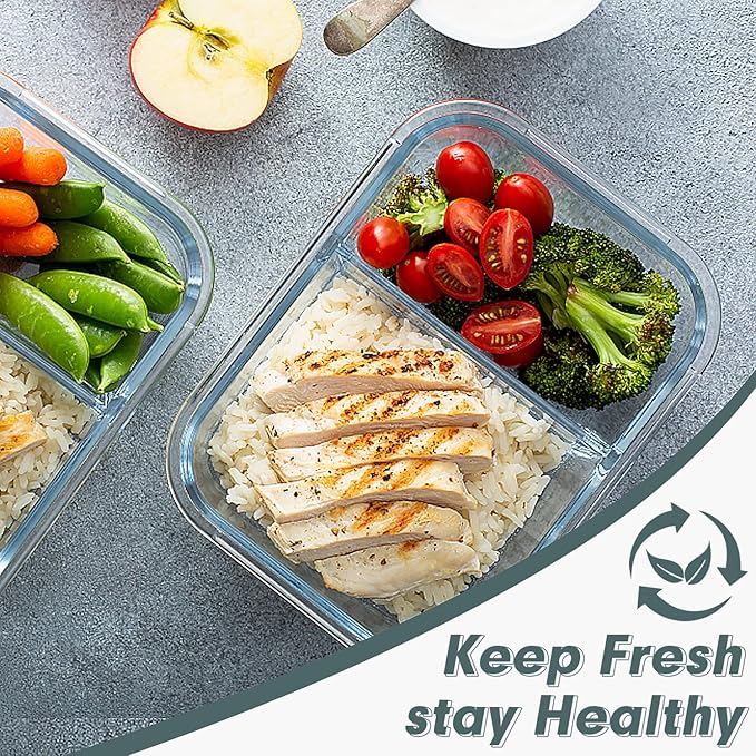 VERONES 10 Pack Glass Meal Prep Containers 2 Compartment Set, 30 OZ Airtight Glass Lunch Containers, Glass Food Storage Containers with Lids, for Microwave, Oven, Freezer & Dishwasher Friendly，Grey