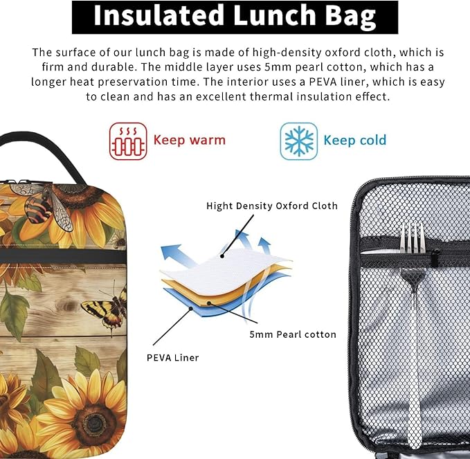 Sunflower Lunch Box for Adults Women Girls Boys Kids Farmhouse Wooden Lunch Box Insulated Cooler Reusable Lunch Bag Container Gifts for Work Office Picnic Travel School