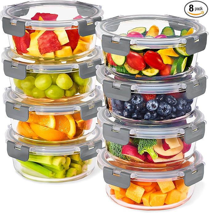 Sorbus 16pc Glass Meal Prep Containers Set – 8 Round 32oz Containers with Airtight Lids – Freezer, Dishwasher, Oven Safe – Reusable Food Storage Bowls, 4 Cup Capacity for Meal Prep and Storage Grey