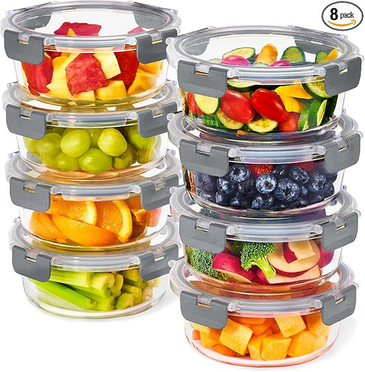 Sorbus 16pc Glass Meal Prep Containers Set – 8 Round 32oz Containers with Airtight Lids – Freezer, Dishwasher, Oven Safe – Reusable Food Storage Bowls, 4 Cup Capacity for Meal Prep and Storage Grey