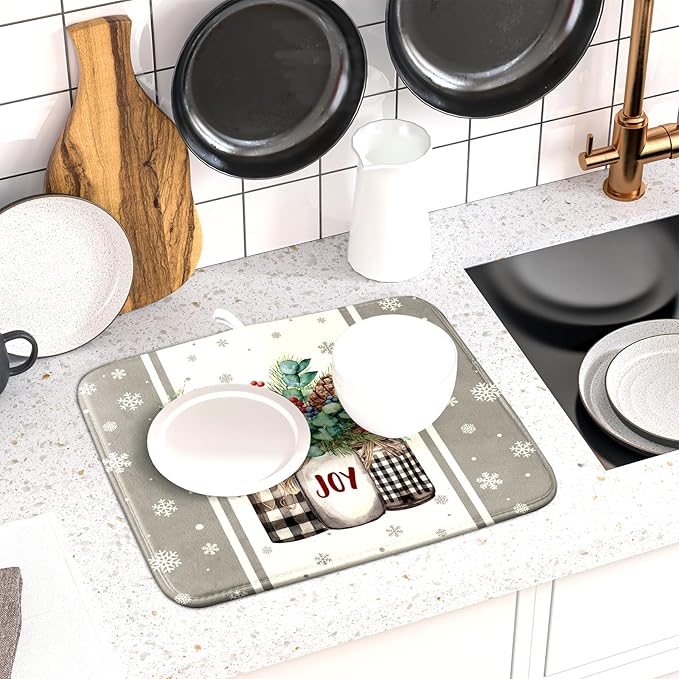 Winter Christmas Dish Drying Mat 16x18 for Kitchen Counter Xmas Joy Poinsettia Flower Berry Snowflake Absorbent Microfiber Fast Dry Dishes Draining Mats Holiday Kitchen Decor